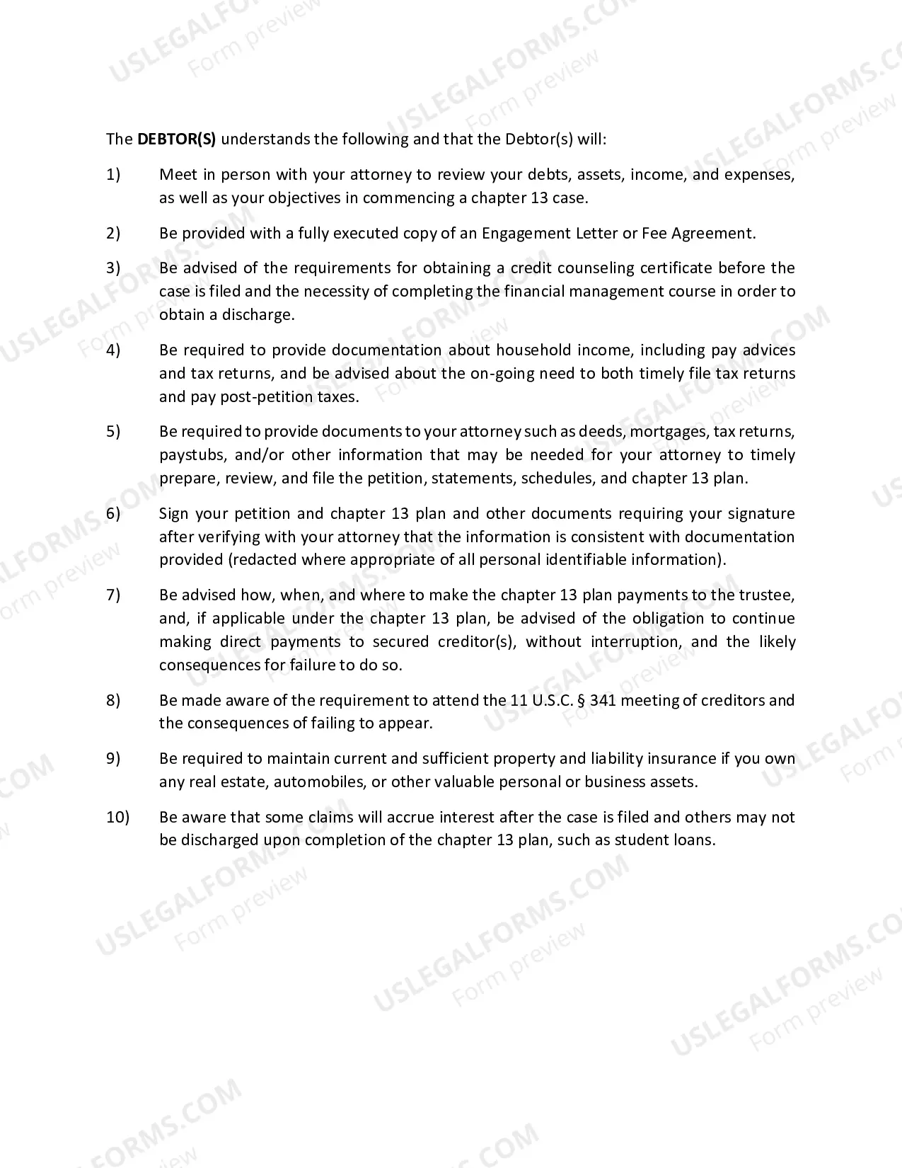 Preview Chapter 13 Agreement Between Debtor And Counsel