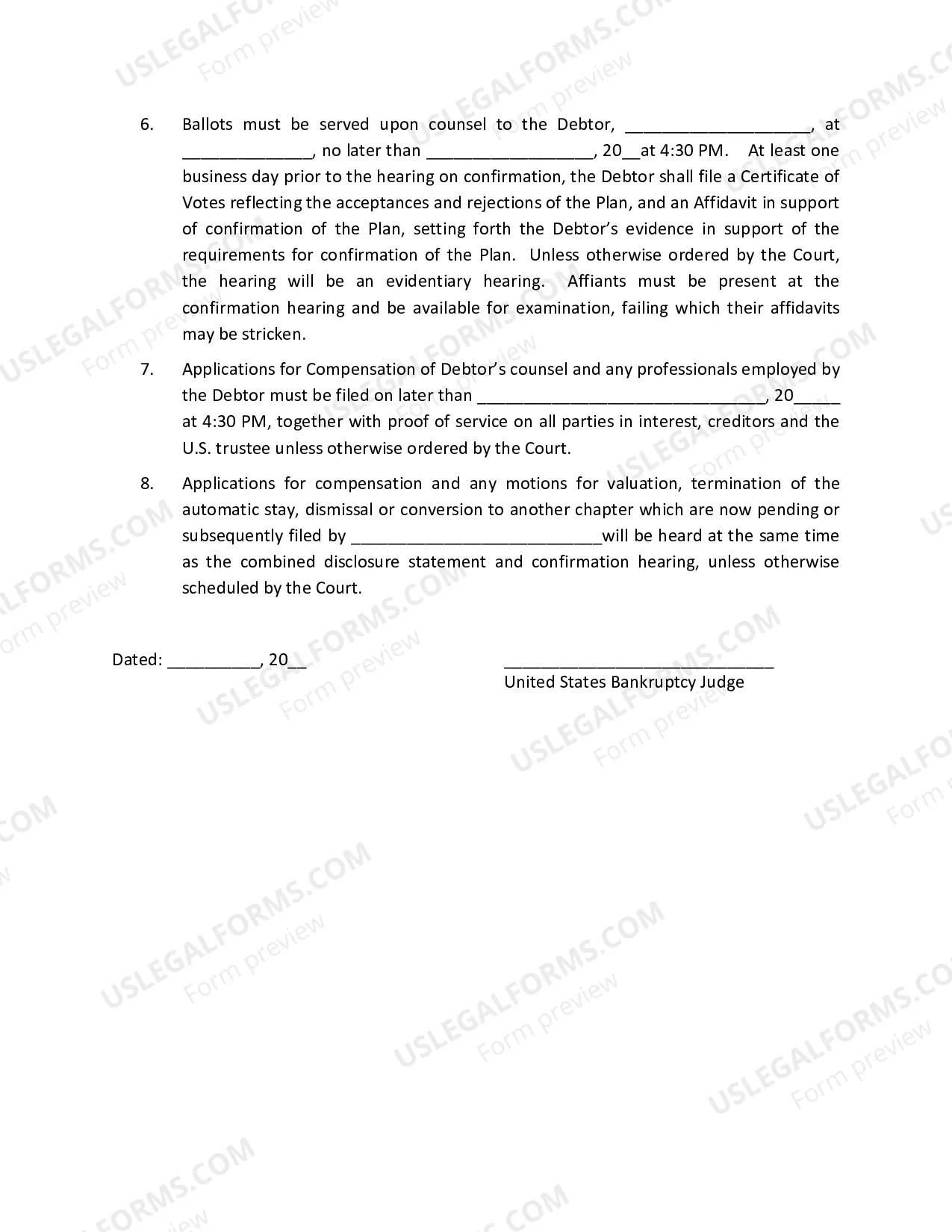 Preview Order and Notice Conditionally Determining that the Disclosure Statement Accompanying the Plan of Reorganization for Small Business Debtor Provides Adequate Information, and Setting Hearing on Confirmation and Related Matters