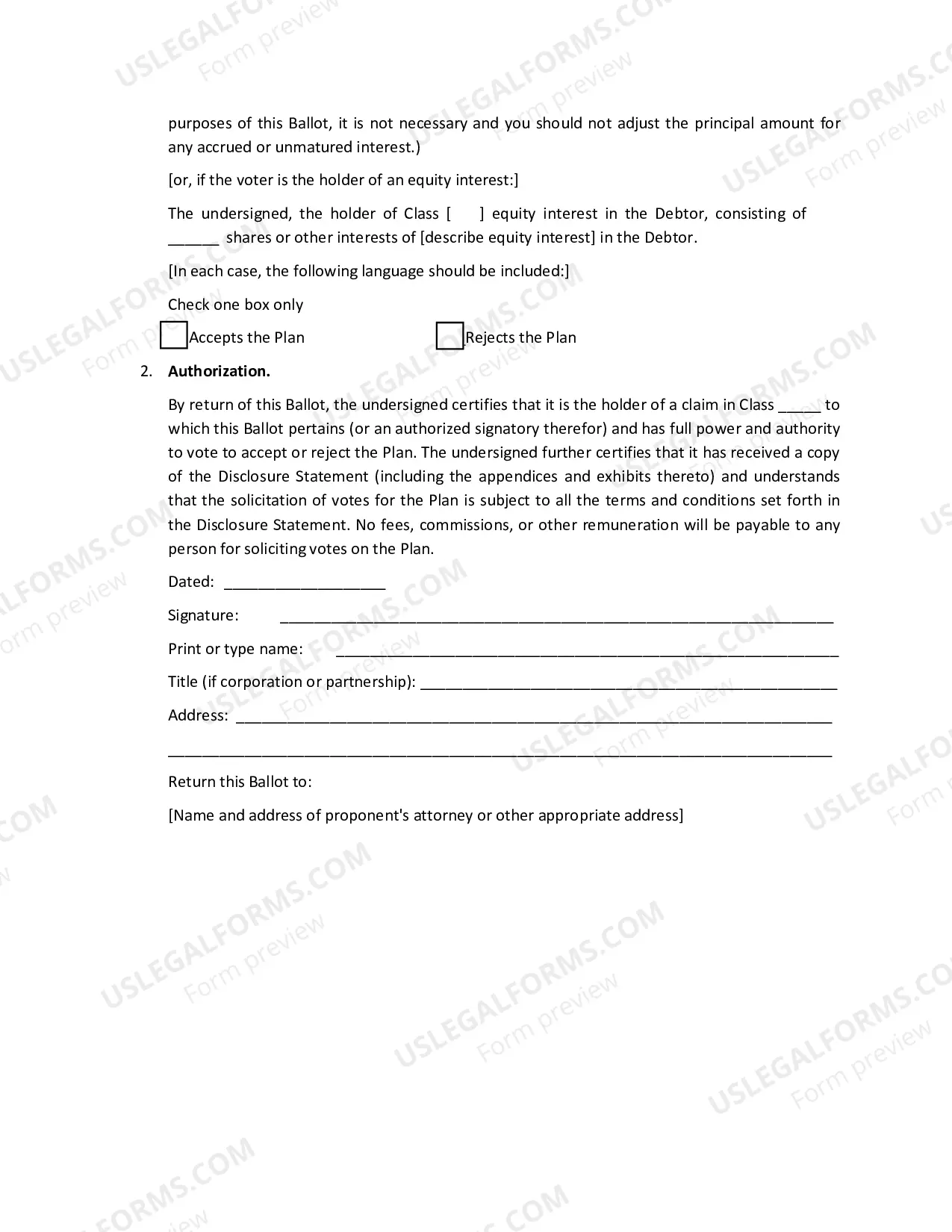 Preview Ballot for Accepting or Rejecting Plan of Reorganization