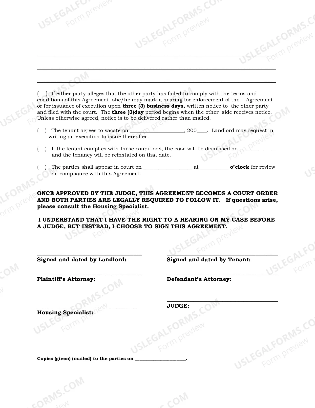 Preview Agreement for Judgment and Payment Order