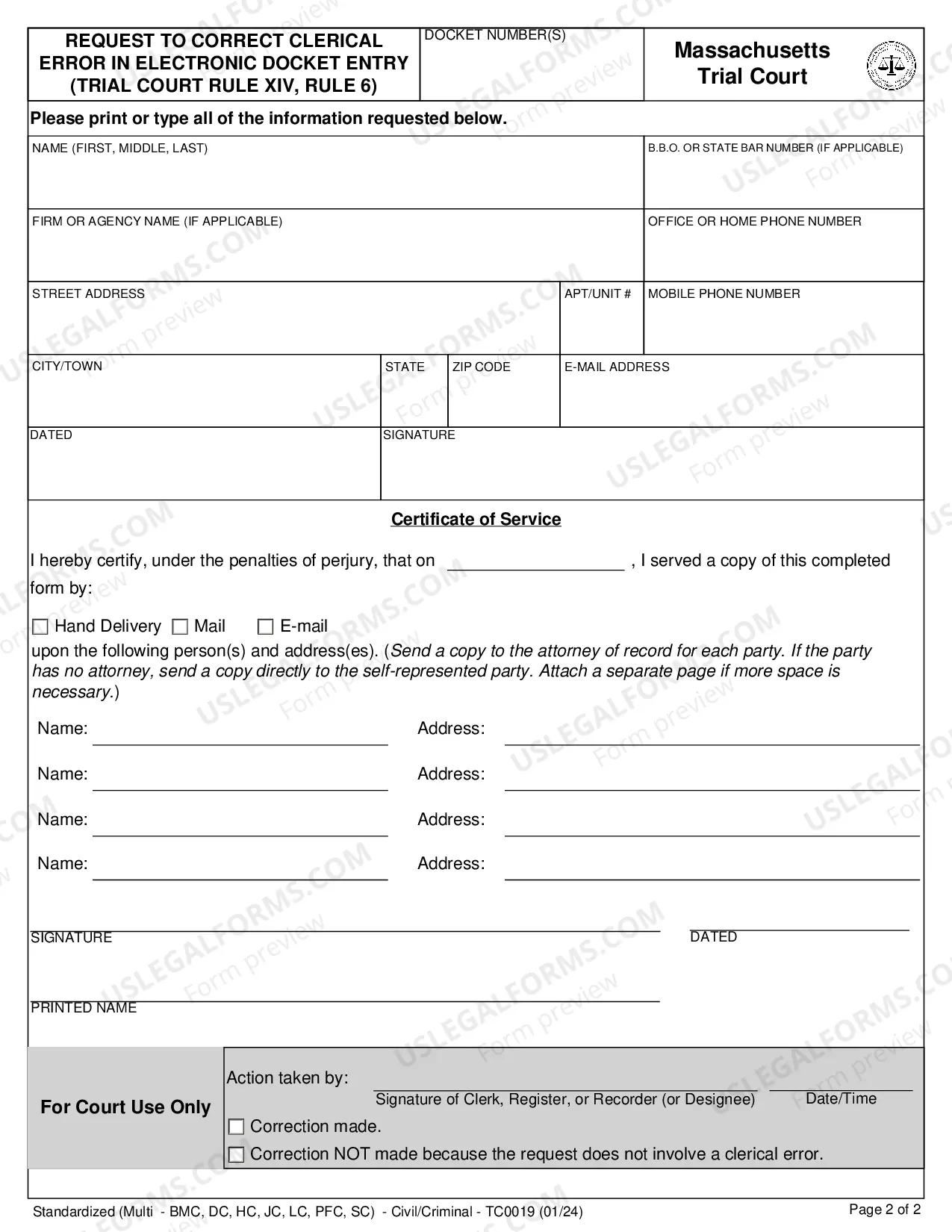Preview Request for Correction of Clerical Error in Electronic Docket Entry Pursuant to Trial Court Rule XIV, Rule 6