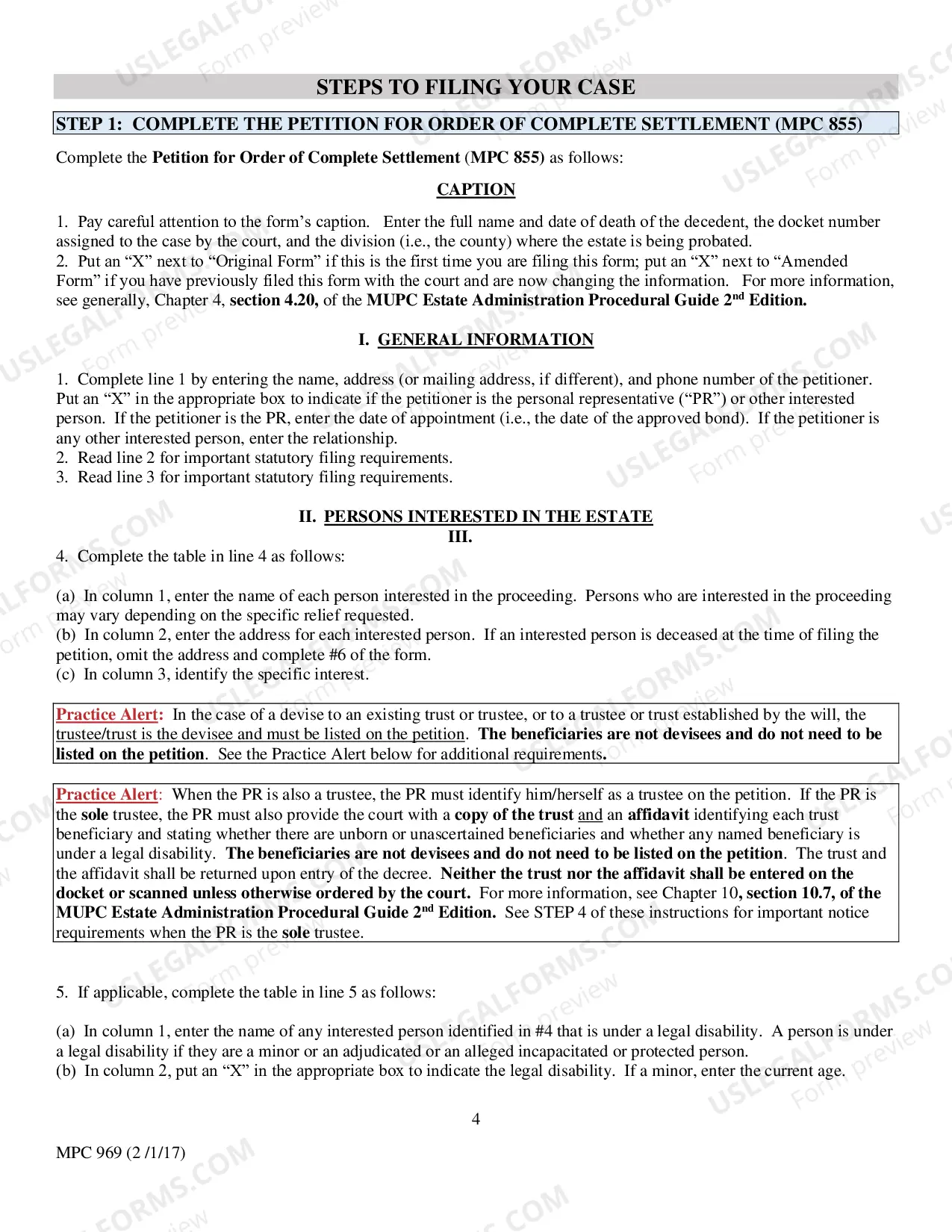 Preview Instructions for Completing MPC 855 Petition for Order of Complete Settlement