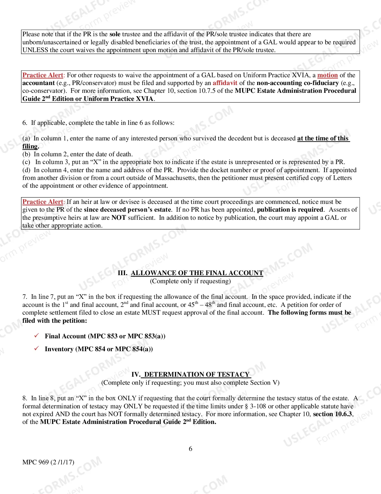Preview Instructions for Completing MPC 855 Petition for Order of Complete Settlement
