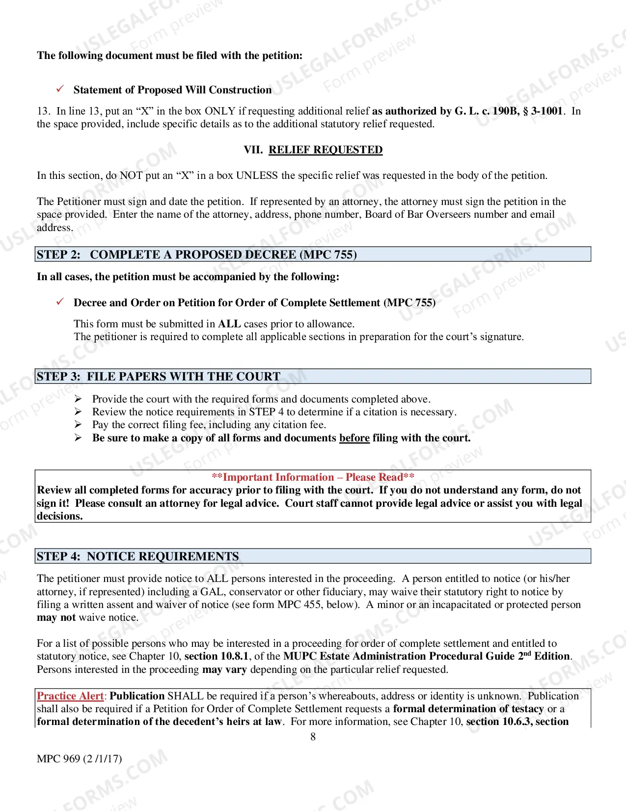 Preview Instructions for Completing MPC 855 Petition for Order of Complete Settlement