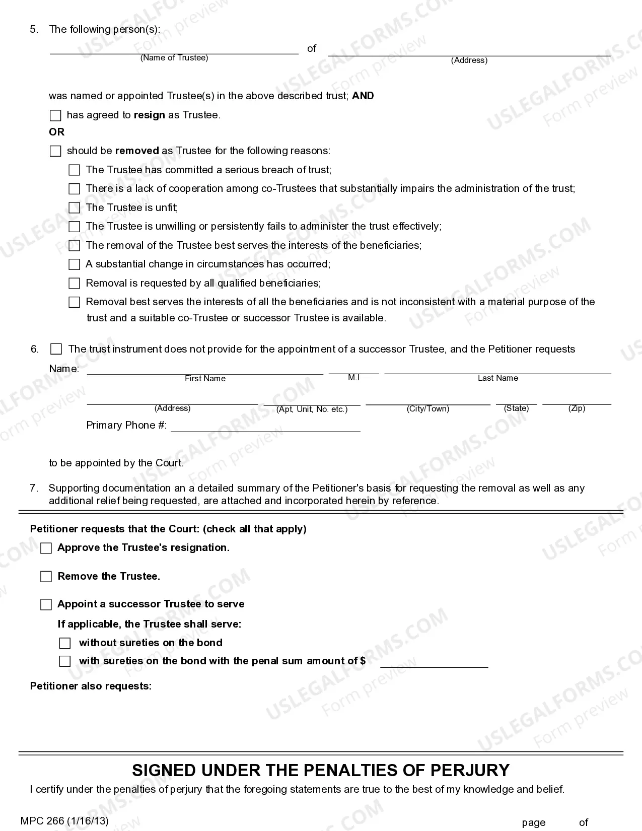 Preview Petition For Resignation Removal Appointment of Successor Trustee