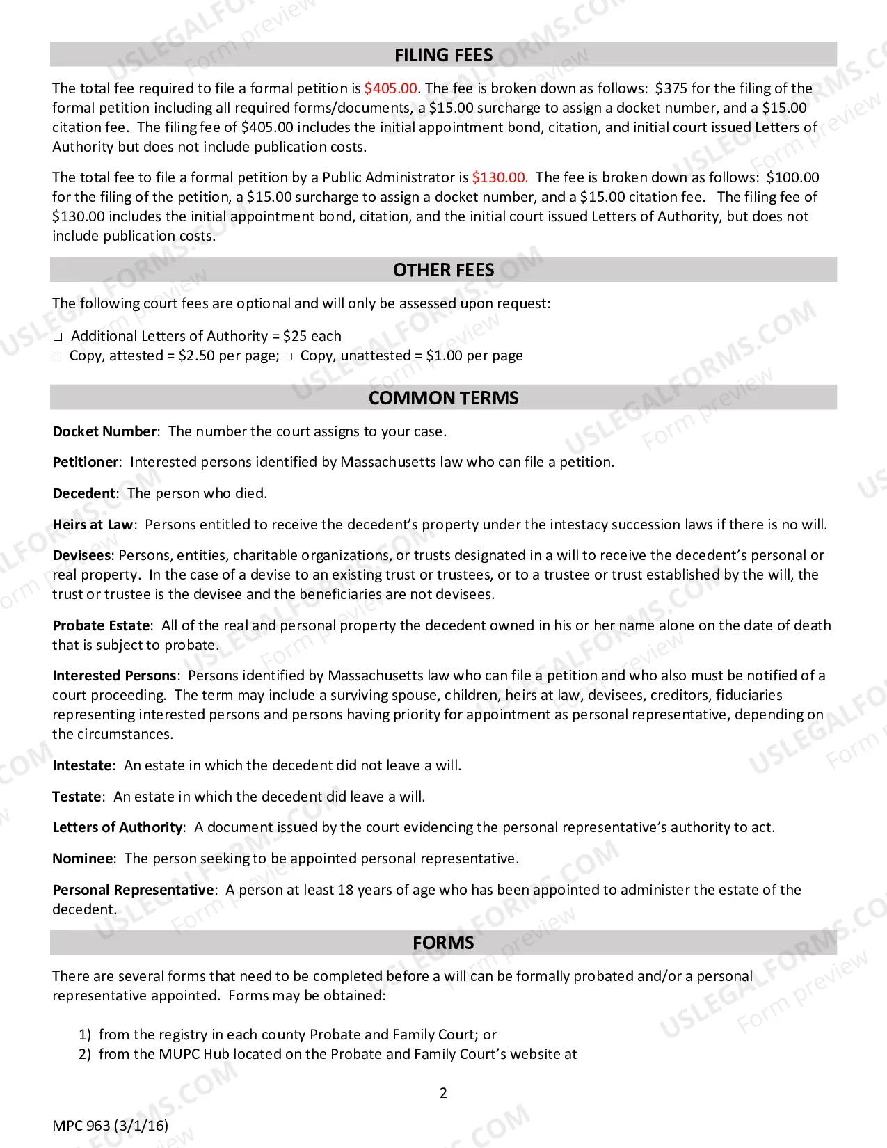 Preview Instructions for Petition for Formal Probate
