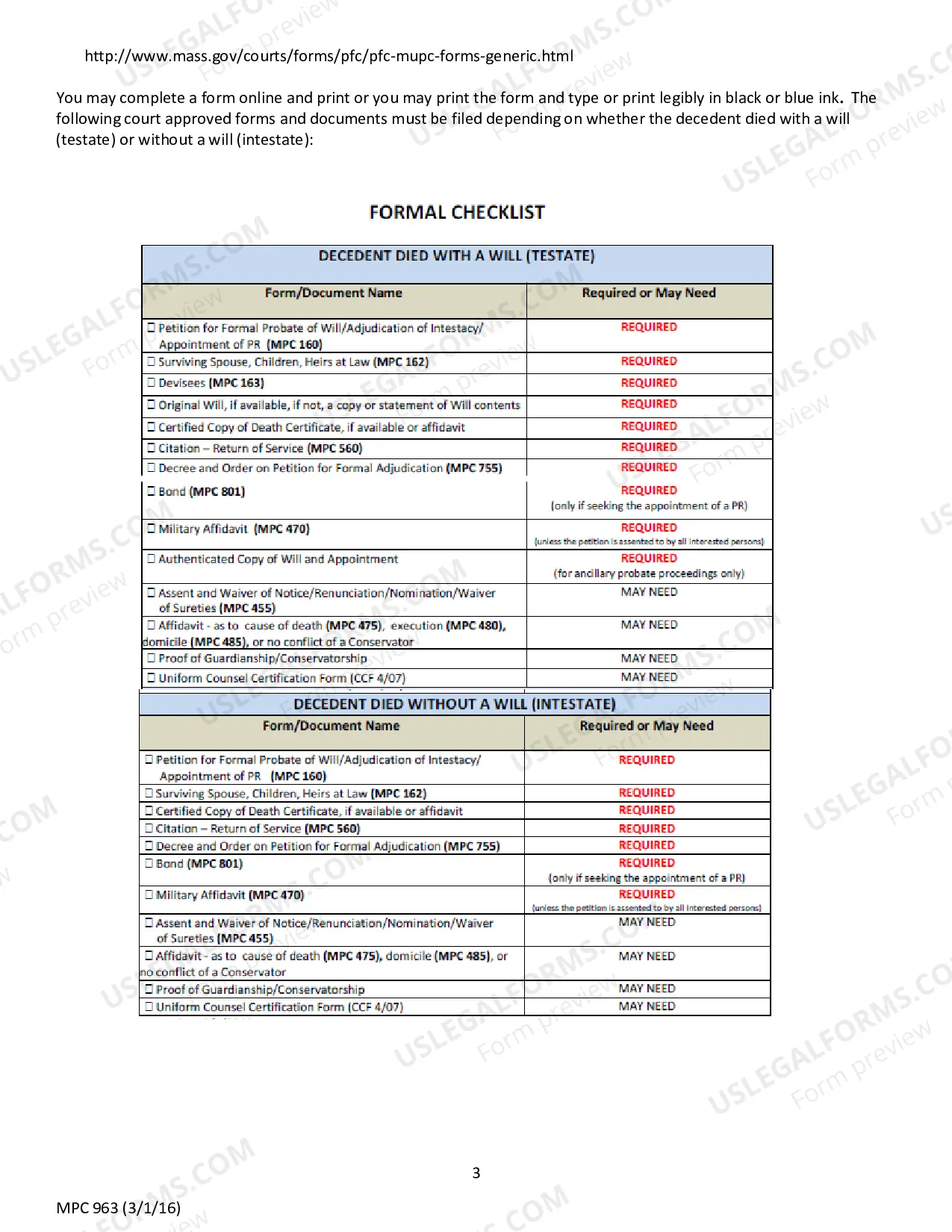 Preview Instructions for Petition for Formal Probate