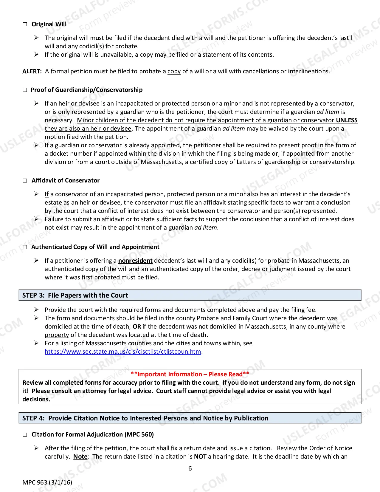 Preview Instructions for Petition for Formal Probate