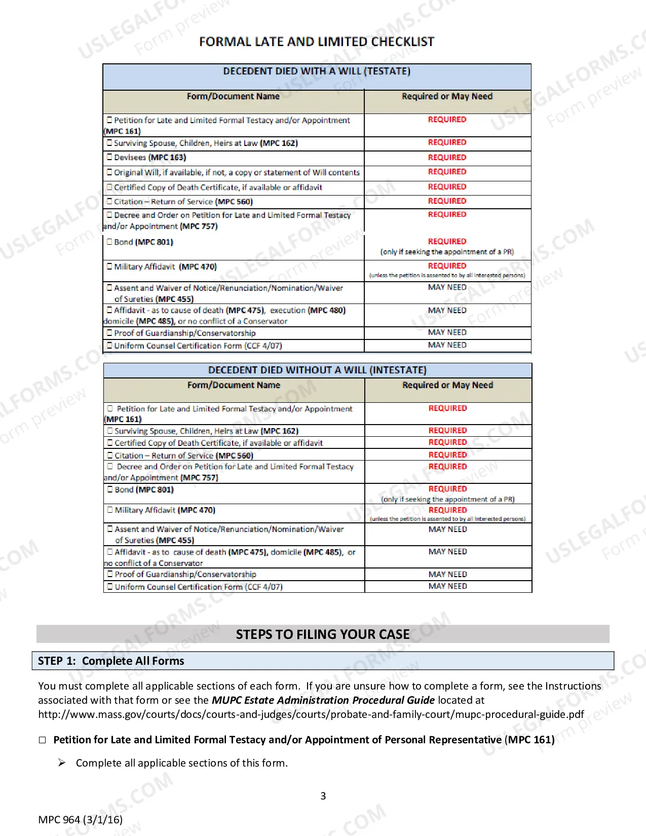 Preview Instructions for MPC 161 Petition for Late and Limited Formal Testacy and/or Appointment