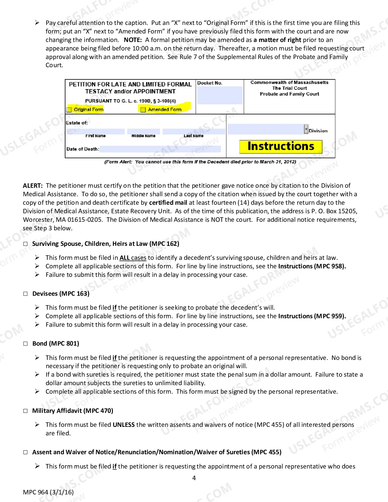 Preview Instructions for MPC 161 Petition for Late and Limited Formal Testacy and/or Appointment