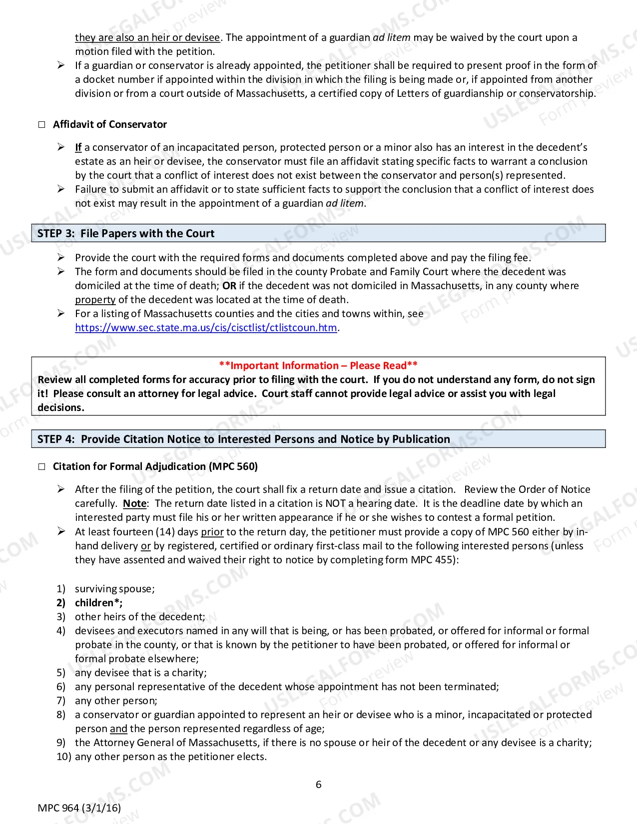 Preview Instructions for MPC 161 Petition for Late and Limited Formal Testacy and/or Appointment