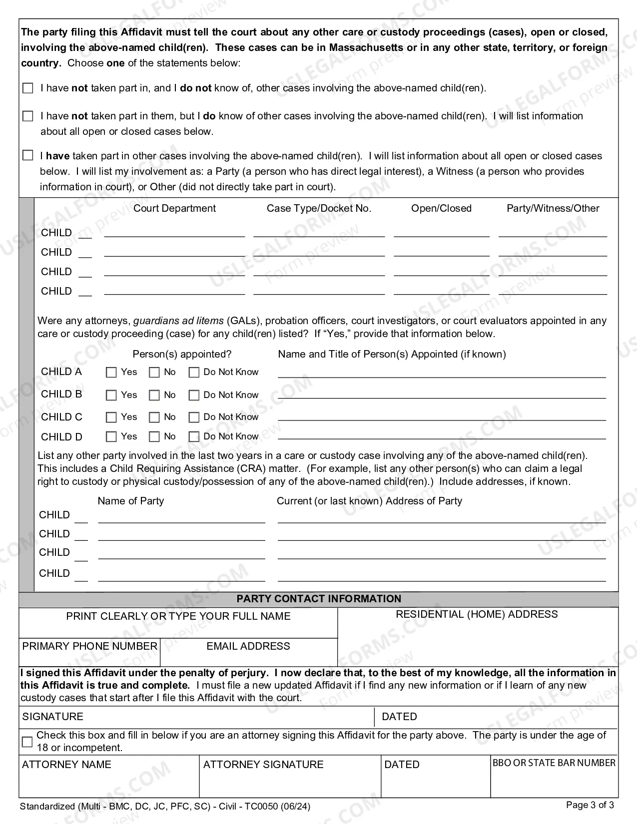 Preview Affidavit Disclosing Care Or Custody Proceeding Involving A Child