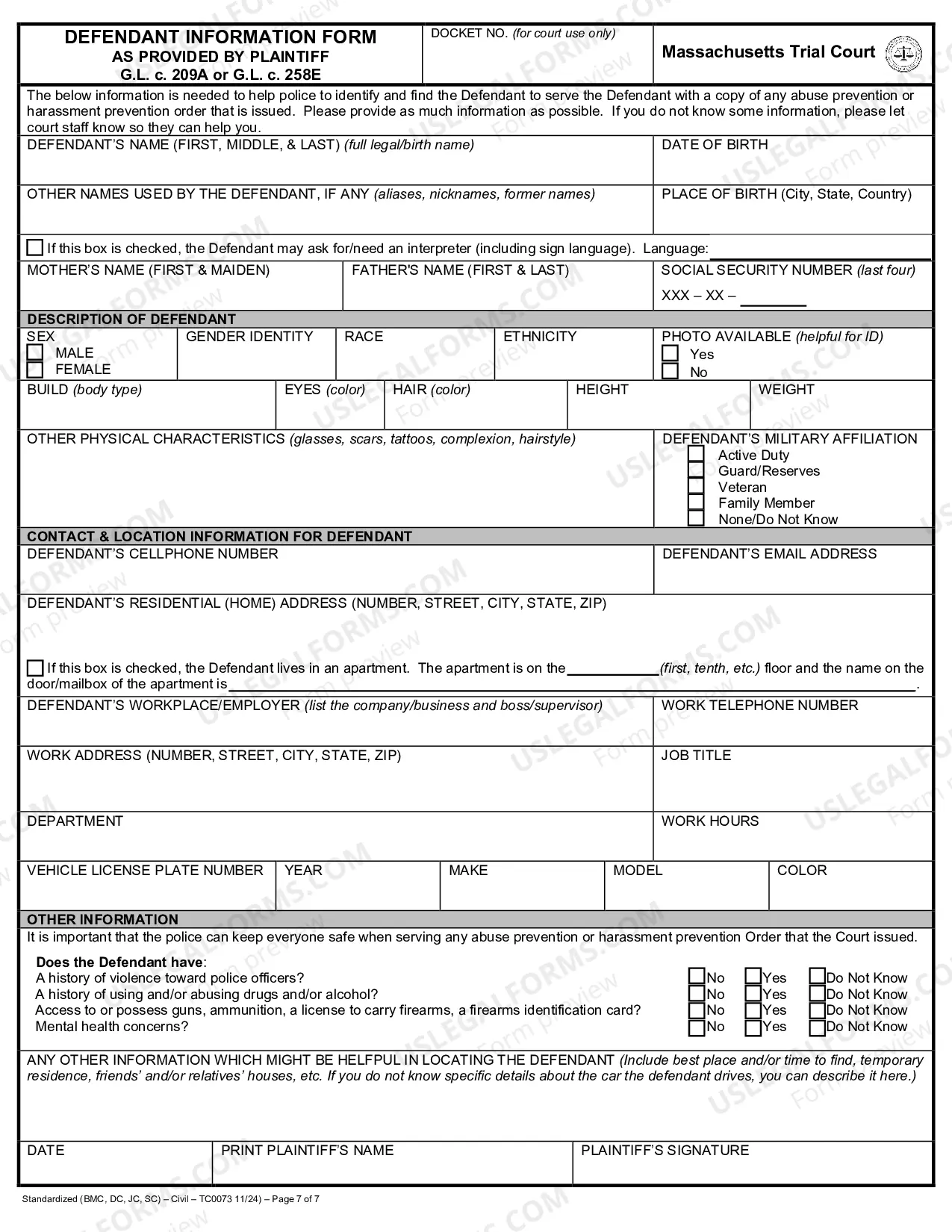 Preview Defendent Information Form