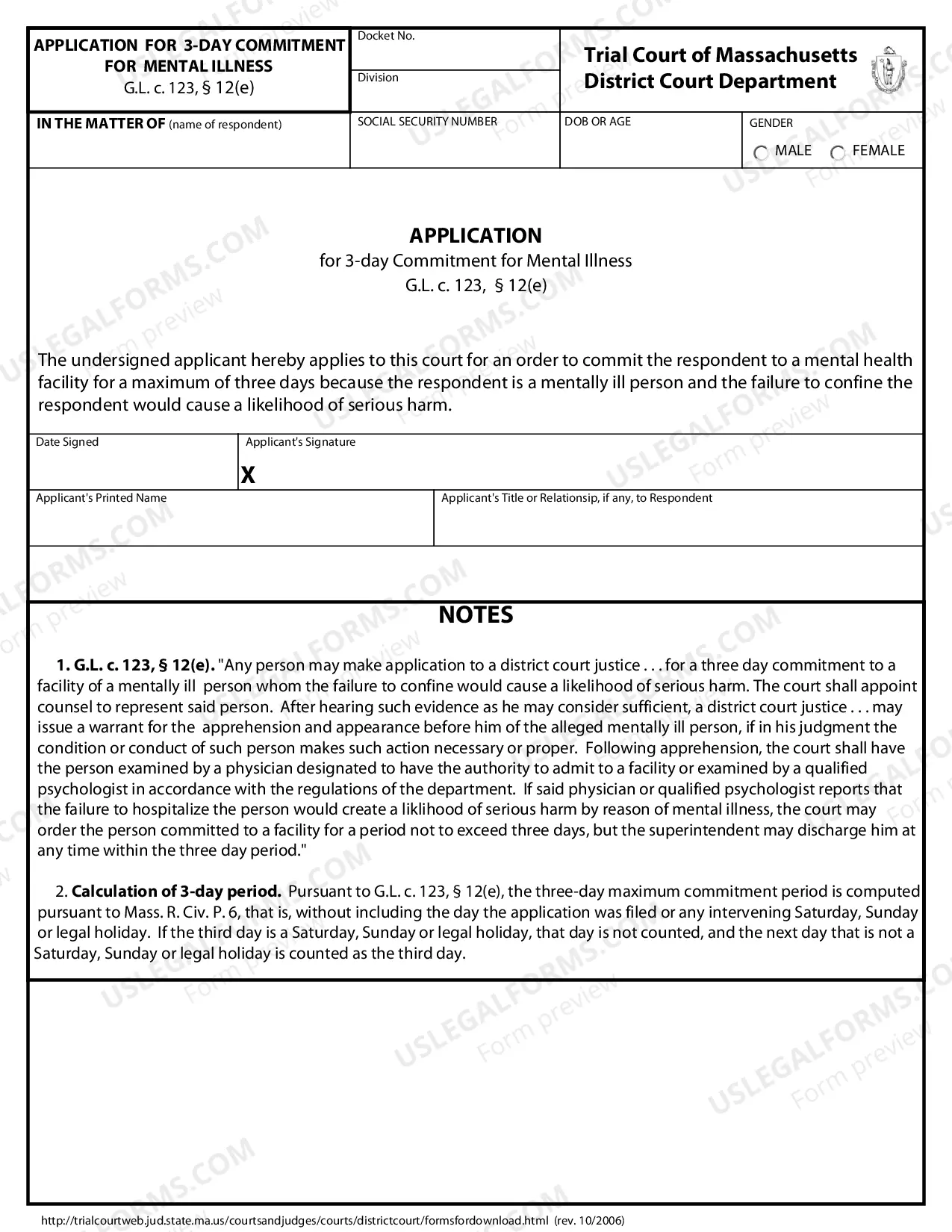 Preview Application For 3-Day Commitment For Mental Illness