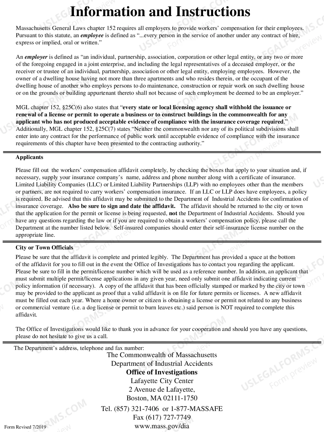 Preview Workers Compensation Insurance Affidavit - General Businesses