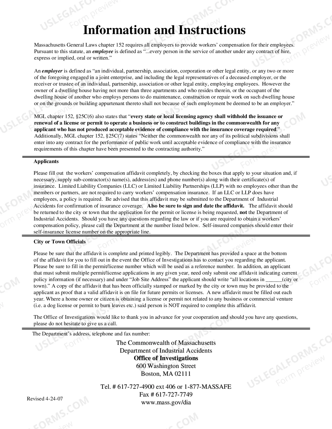 Preview Workers Compensation Insurance Affidavit - Building Plumbing Electrical Contractors