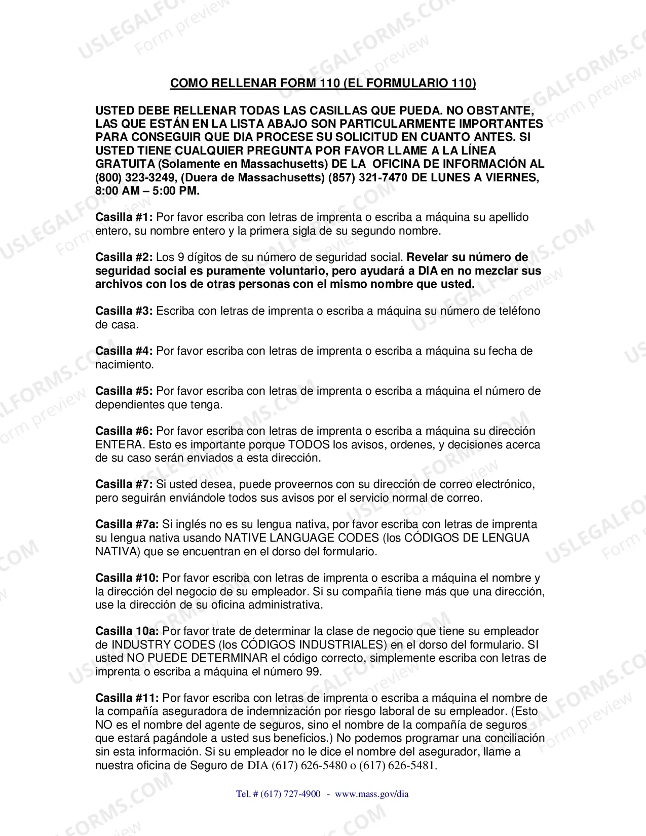 Preview Directions on how to fill out the Form 110- Spanish