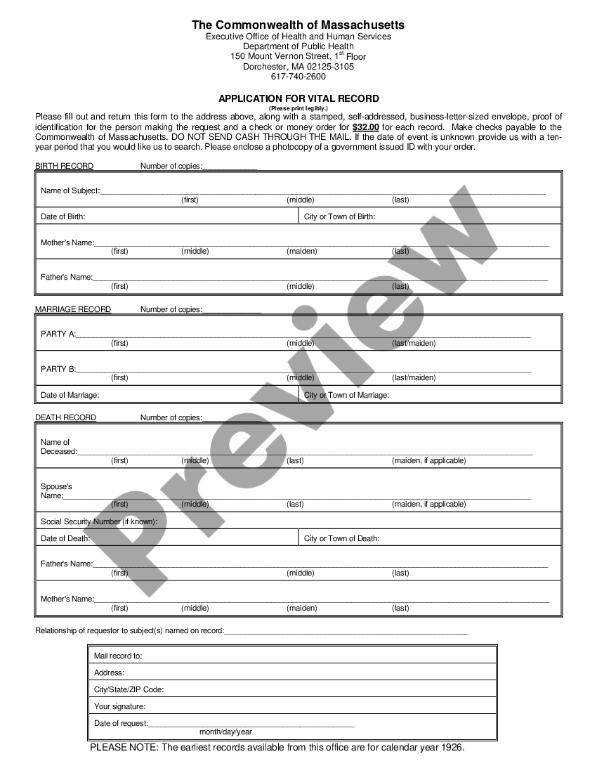 Massachusetts Application for Vital Record US Legal Forms