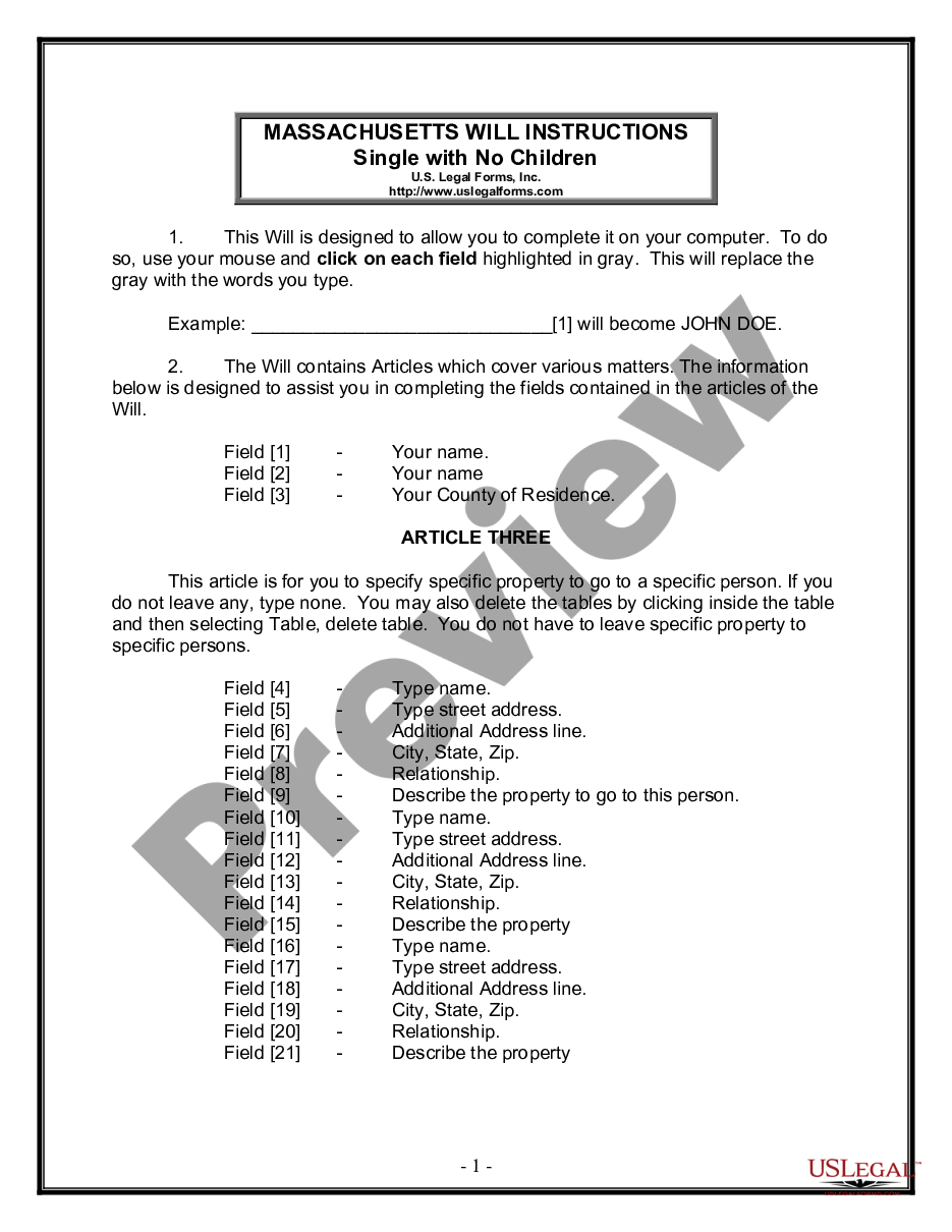 page 0 Legal Last Will and Testament Form for Single Person with No Children preview