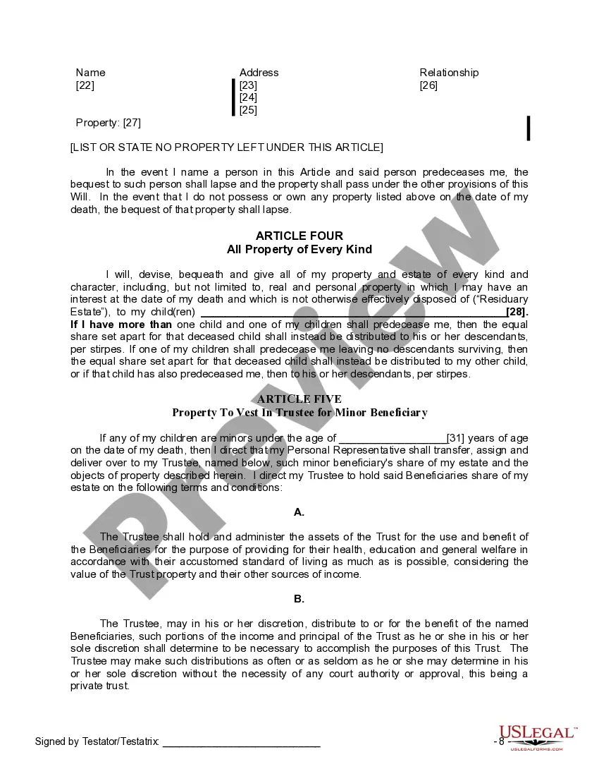 Preview Last Will and Testament for a Single Person with Minor Children