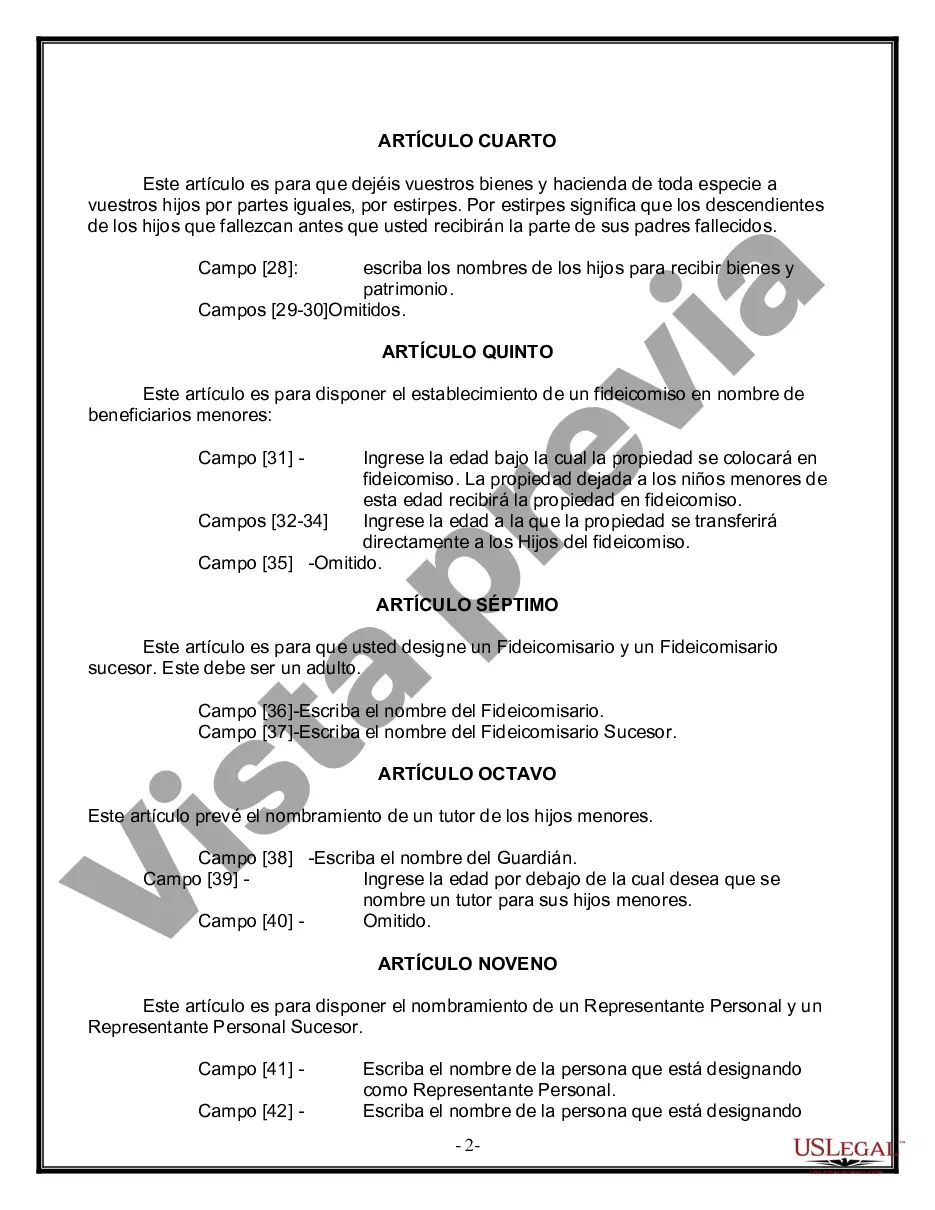 Preview Formulario Legal de Última Voluntad y Testamento para Persona Soltera con Hijos Adultos y Menores
