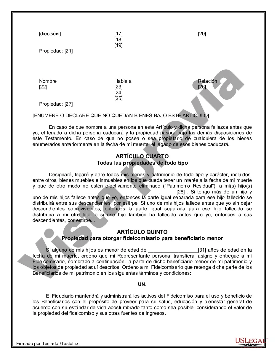Preview Formulario Legal de Última Voluntad y Testamento para Persona Soltera con Hijos Adultos y Menores