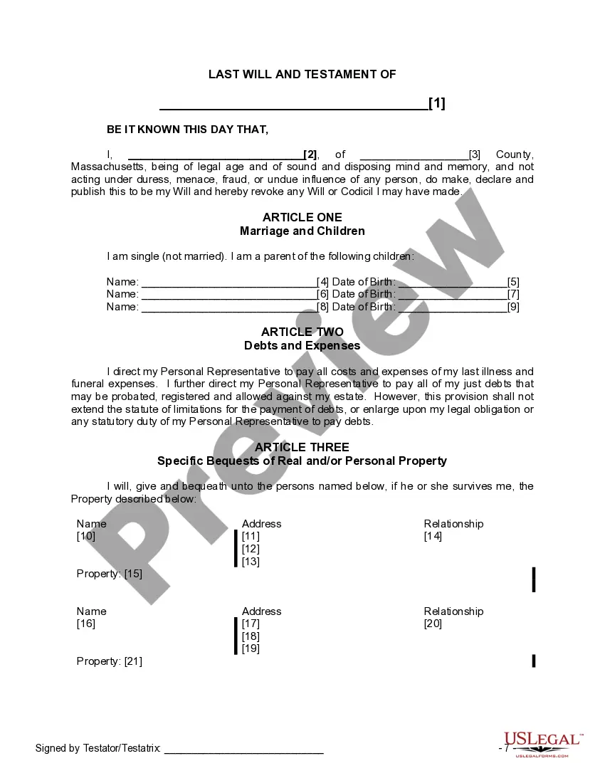 Preview Last Will and Testament for Single Person with Adult and Minor Children