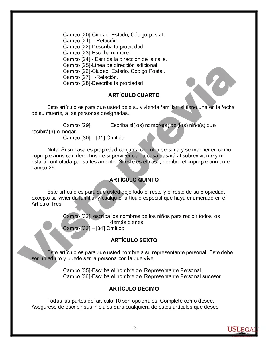 Preview Formulario Legal de Última Voluntad y Testamento para Persona Soltera con Hijos Adultos
