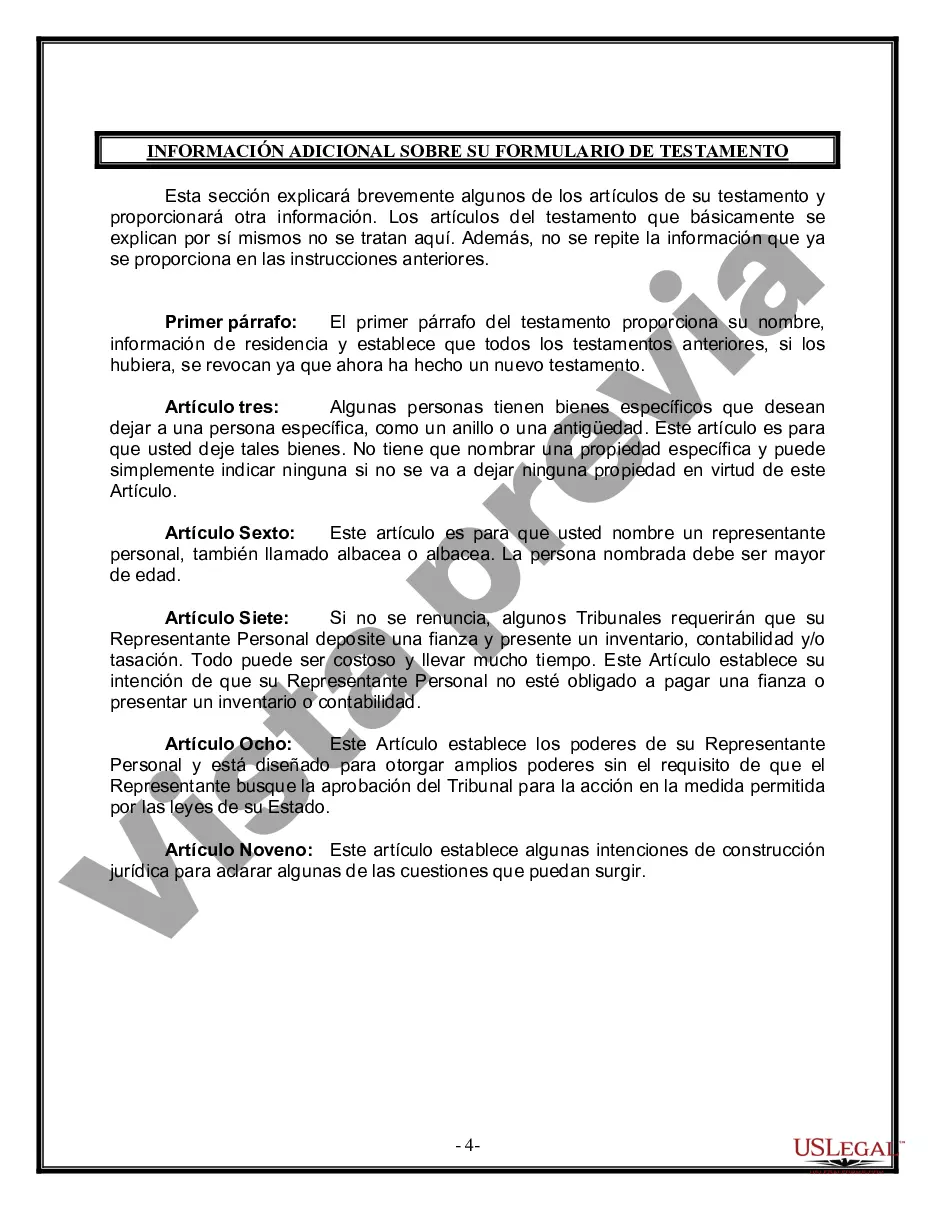 Preview Formulario Legal de Última Voluntad y Testamento para Persona Soltera con Hijos Adultos