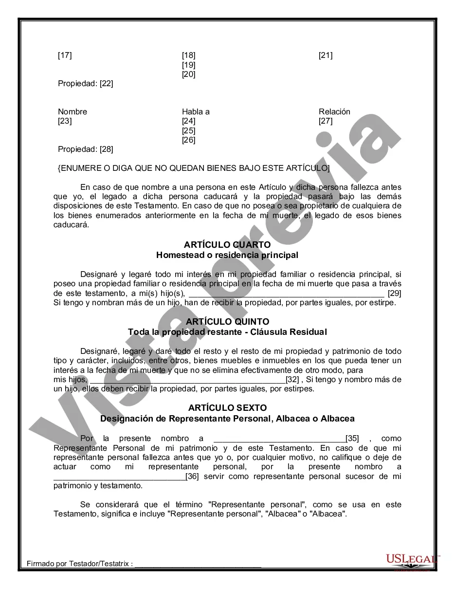 Preview Formulario Legal de Última Voluntad y Testamento para Persona Soltera con Hijos Adultos
