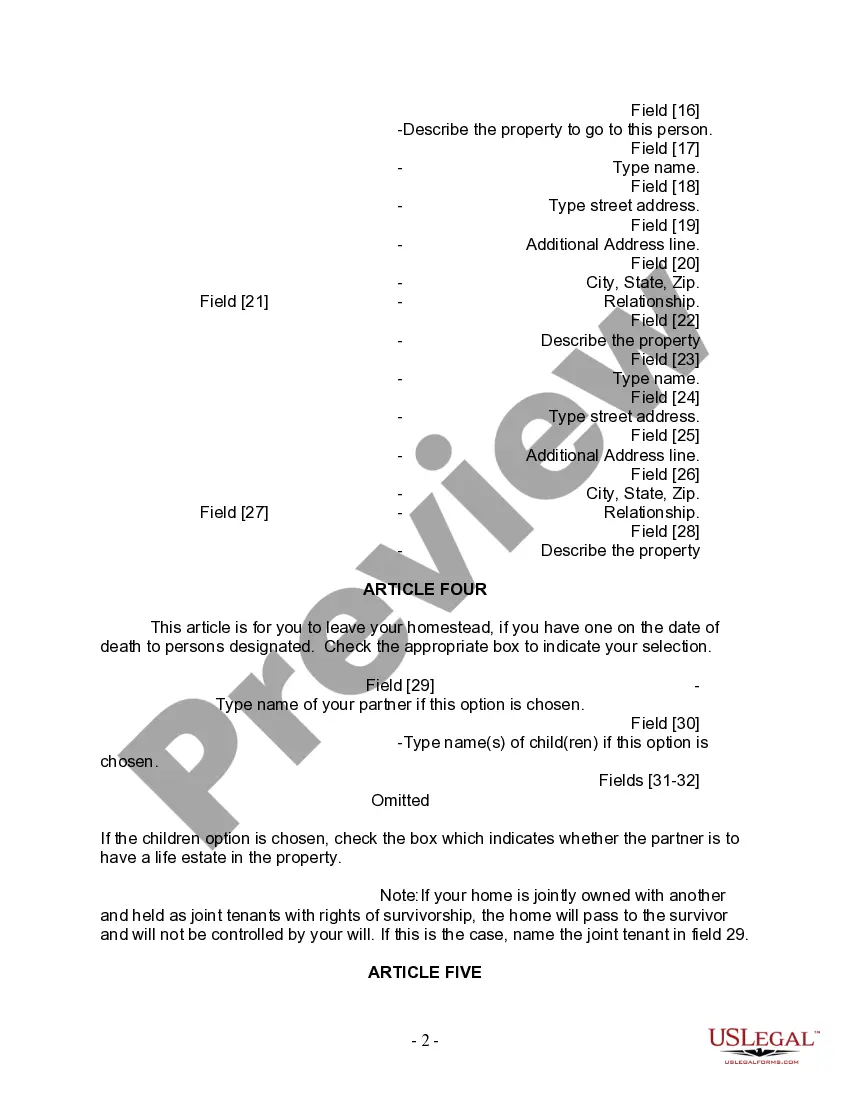 Preview Last Will and Testament for Civil Union Partner with Minor Children from Prior Marriage