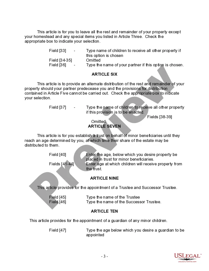 Preview Last Will and Testament for Civil Union Partner with Minor Children from Prior Marriage