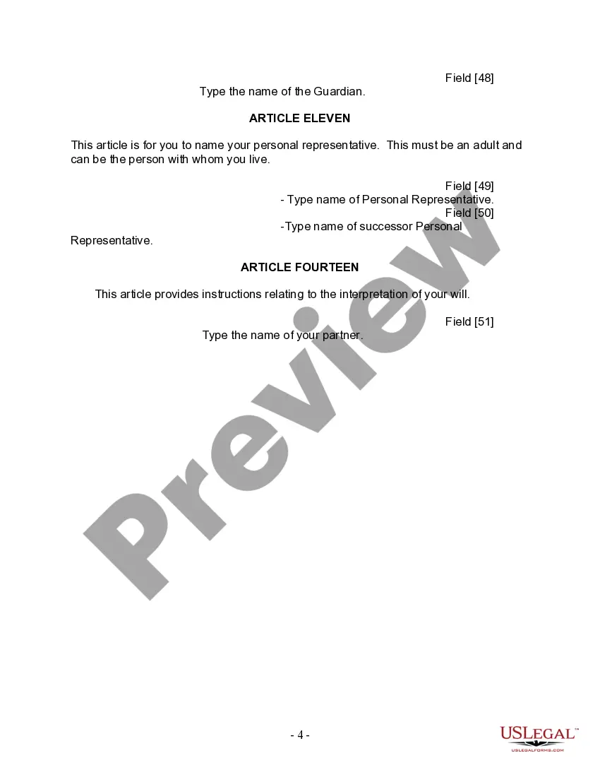 Preview Last Will and Testament for Civil Union Partner with Minor Children from Prior Marriage