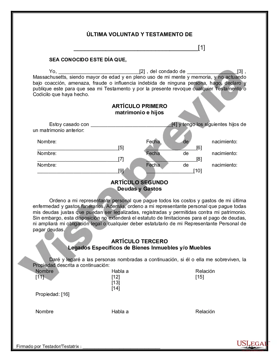 Preview Última voluntad y testamento legal para persona casada con hijos menores de edad de un matrimonio anterior