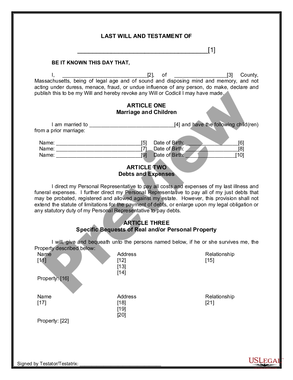 form Legal Last Will and Testament for Married Person with Minor Children from Prior Marriage preview