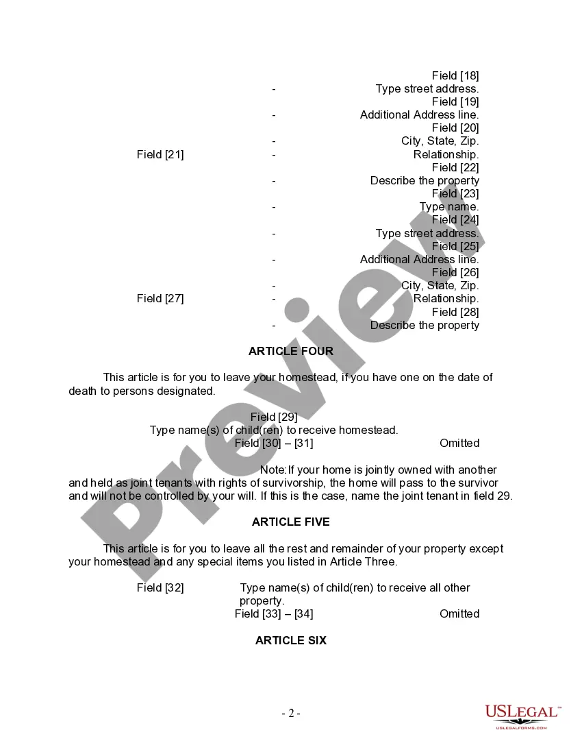 Preview Last Will and Testament for Divorced person not Remarried with Adult Children