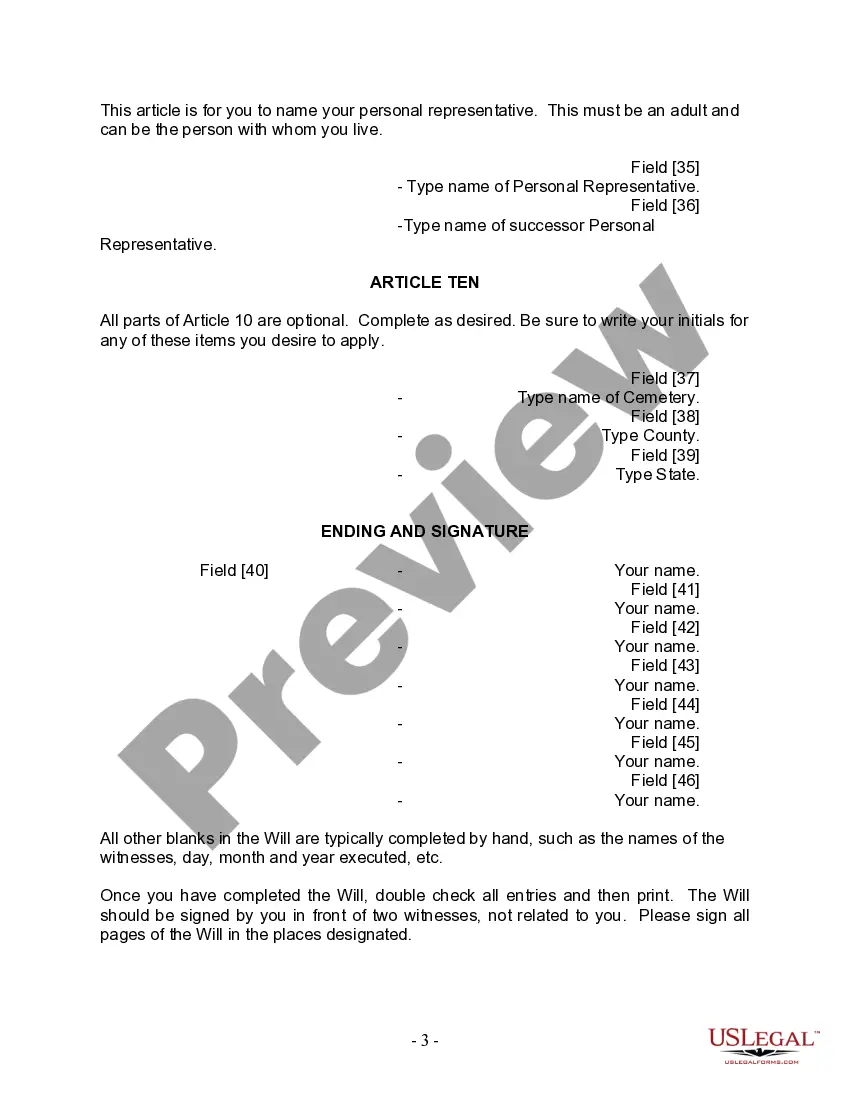 Preview Last Will and Testament for Divorced person not Remarried with Adult Children