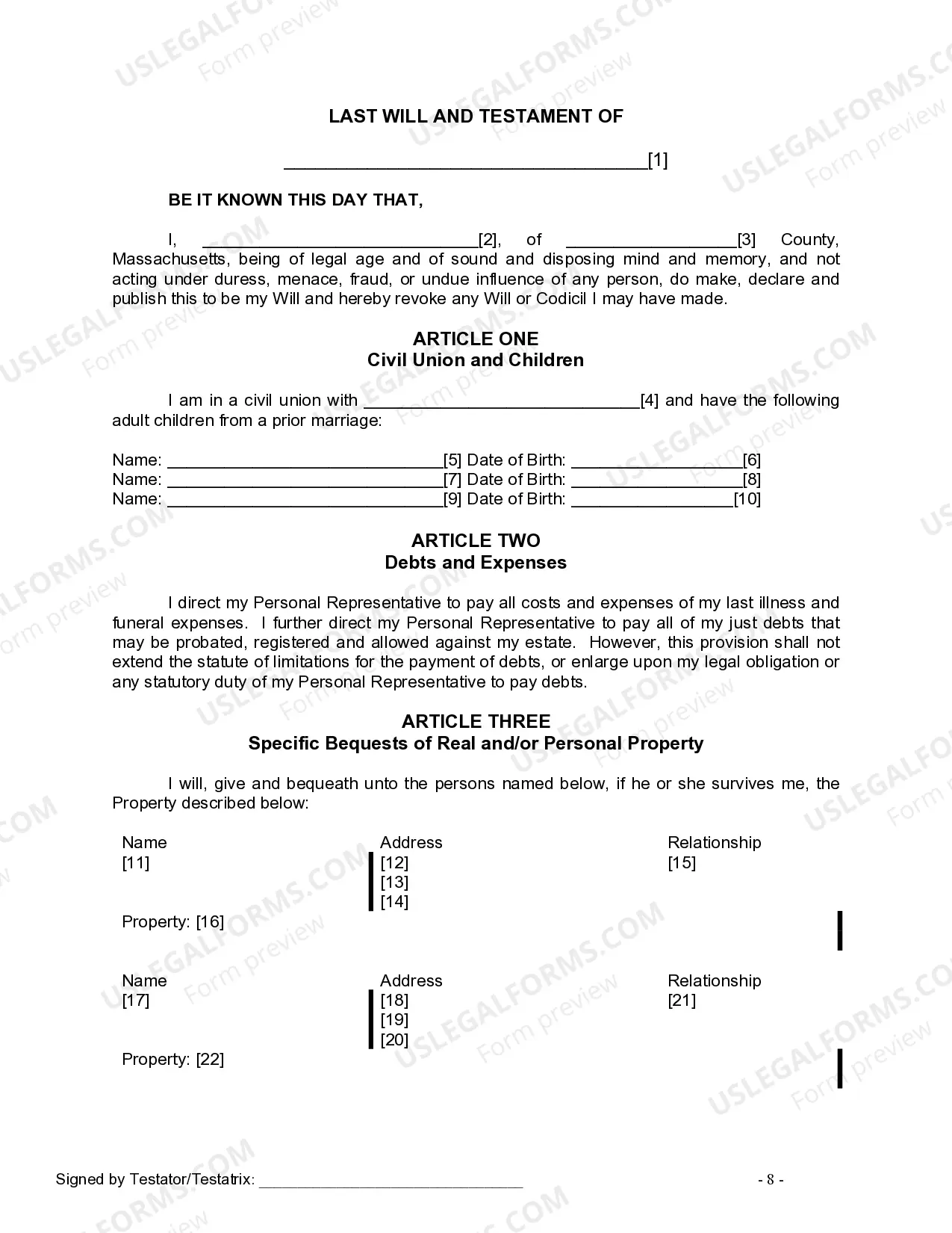 Preview Last Will and Testament for Civil Union Partner with Adult Children from Prior Marriage