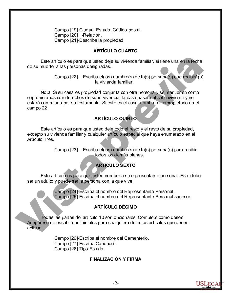 Preview Formulario de última voluntad y testamento legal para personas divorciadas que no se han vuelto a casar y no tienen hijos