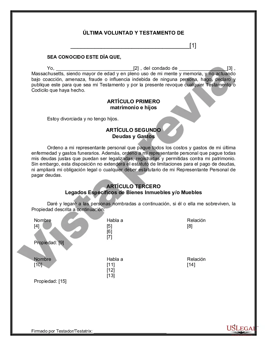 Preview Formulario de última voluntad y testamento legal para personas divorciadas que no se han vuelto a casar y no tienen hijos