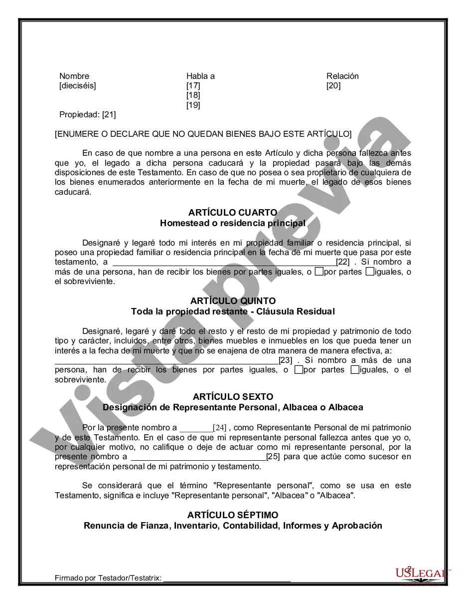 Preview Formulario de última voluntad y testamento legal para personas divorciadas que no se han vuelto a casar y no tienen hijos