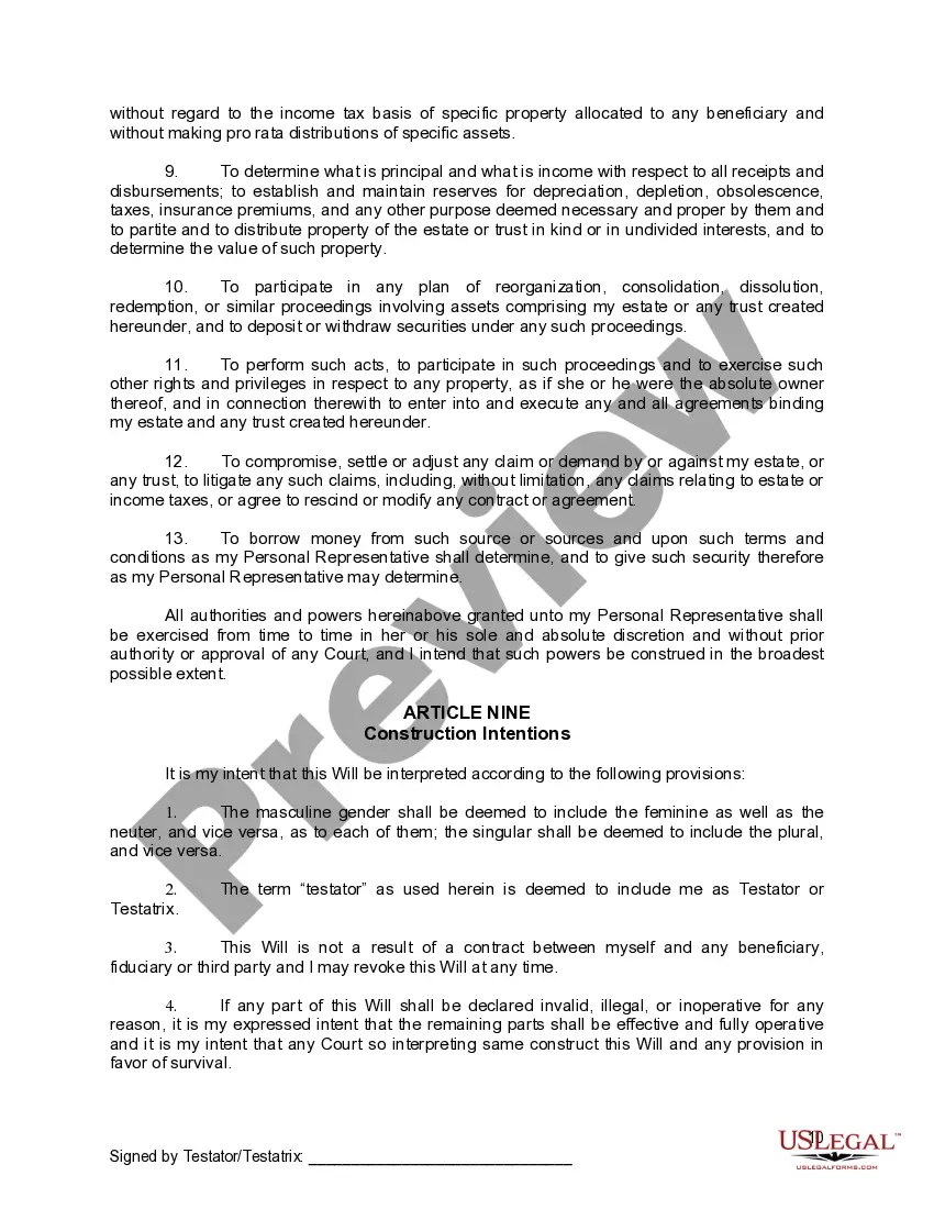 Preview Last Will and Testament for Divorced Person Not Remarried with No Children