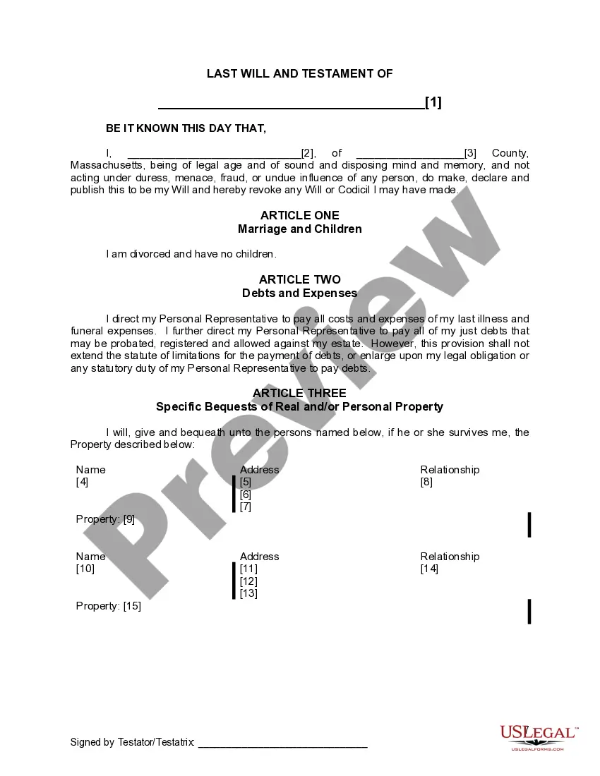 Preview Last Will and Testament for Divorced Person Not Remarried with No Children