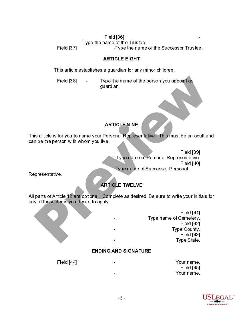 Preview Last Will and Testament for Divorced person not Remarried with Minor Children