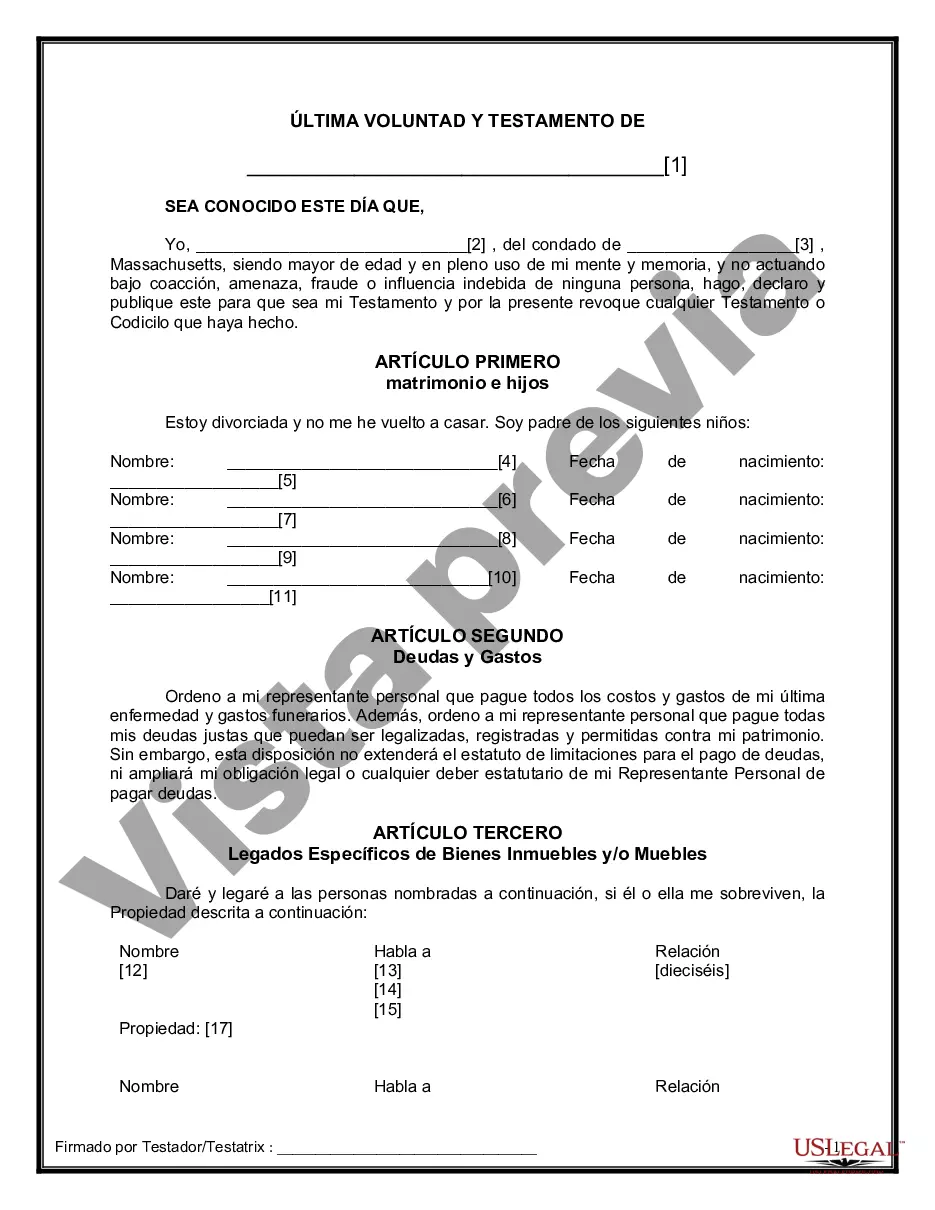 Preview Formulario de última voluntad y testamento legal para personas divorciadas que no se han vuelto a casar con hijos adultos y menores