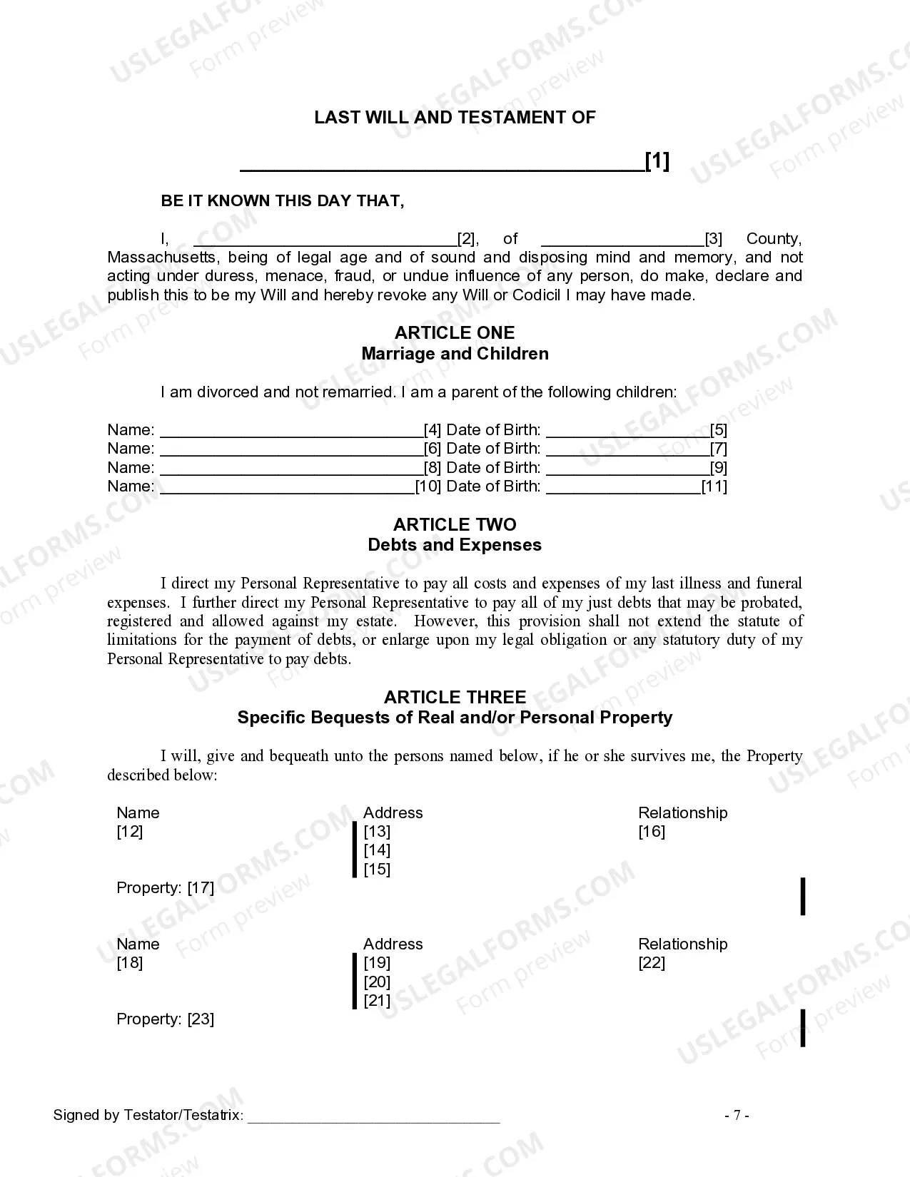 Preview Last Will and Testament for Divorced Person Not Remarried with Adult and Minor Children