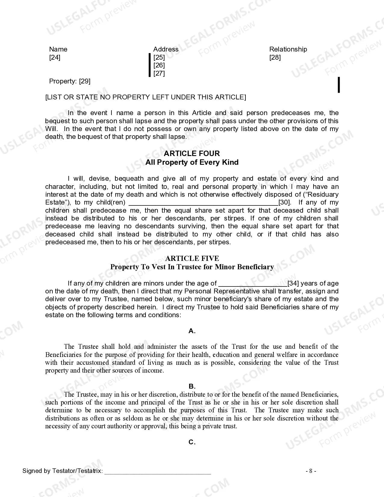 Preview Last Will and Testament for Divorced Person Not Remarried with Adult and Minor Children