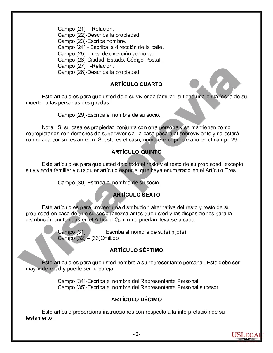 Preview Formulario de última voluntad y testamento legal para pareja de unión civil con hijos adultos