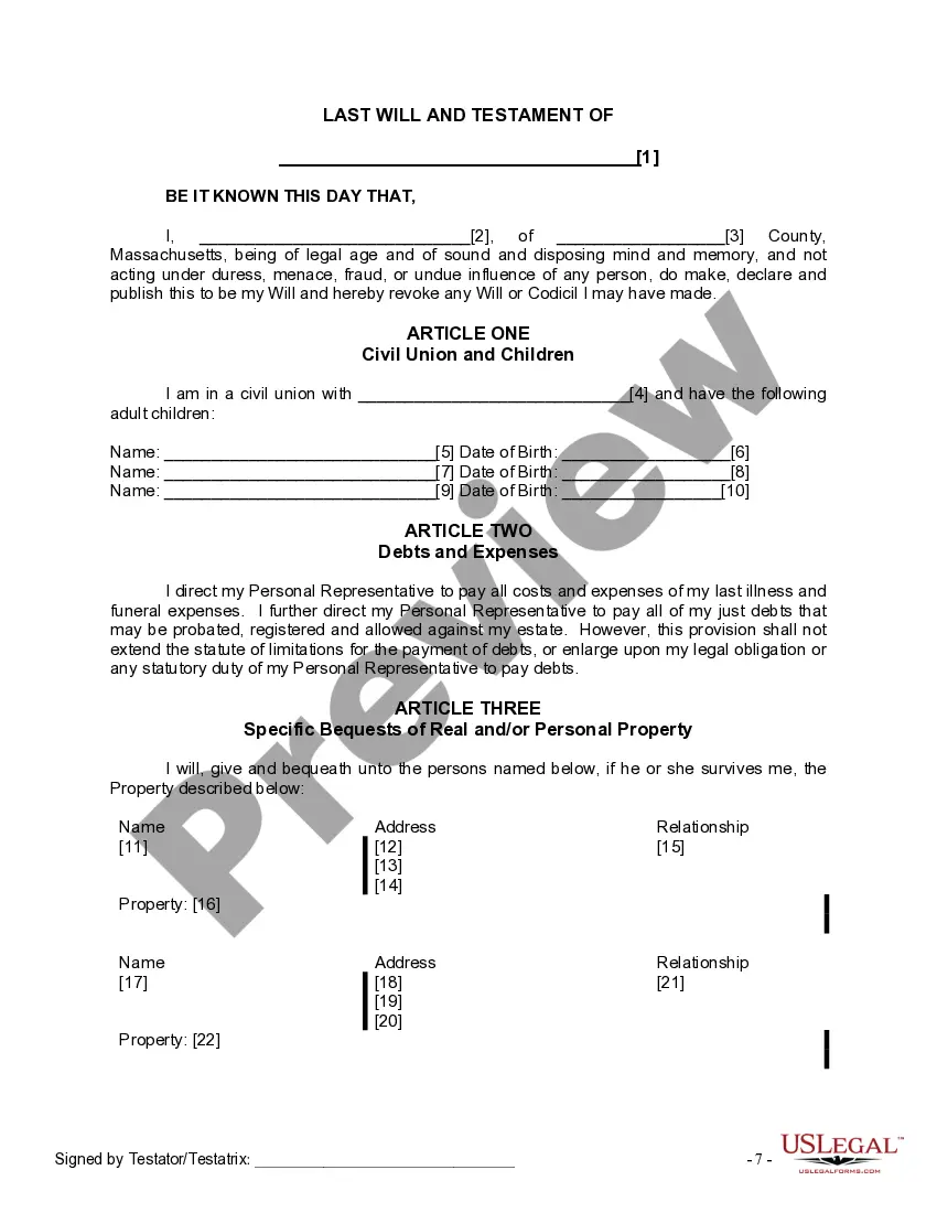 Preview Last Will and Testament for Civil Union Partner with Adult Children