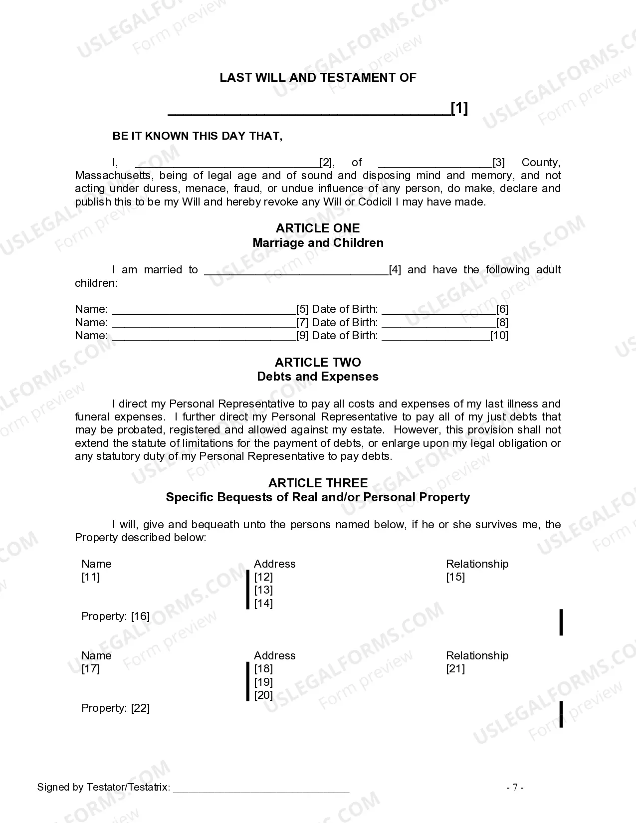 Preview Last Will and Testament for Married Person with Adult Children